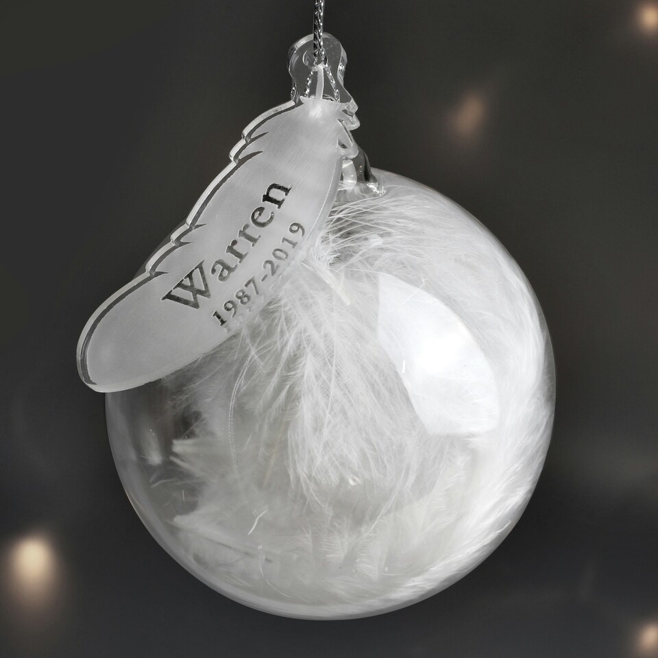 image 1 of Personalised Name & Date Feather Glass Bauble