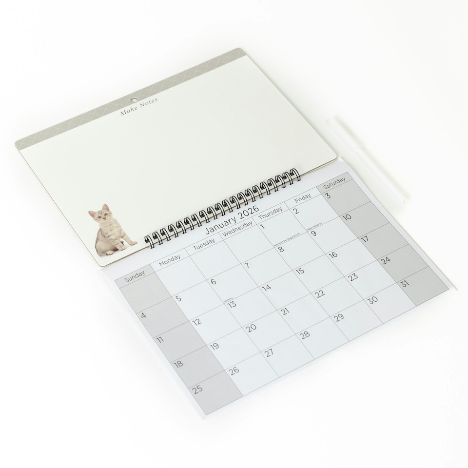 image 1 of 2026 Monthly Memo Board Calendar & Pen Kitten 2 Design