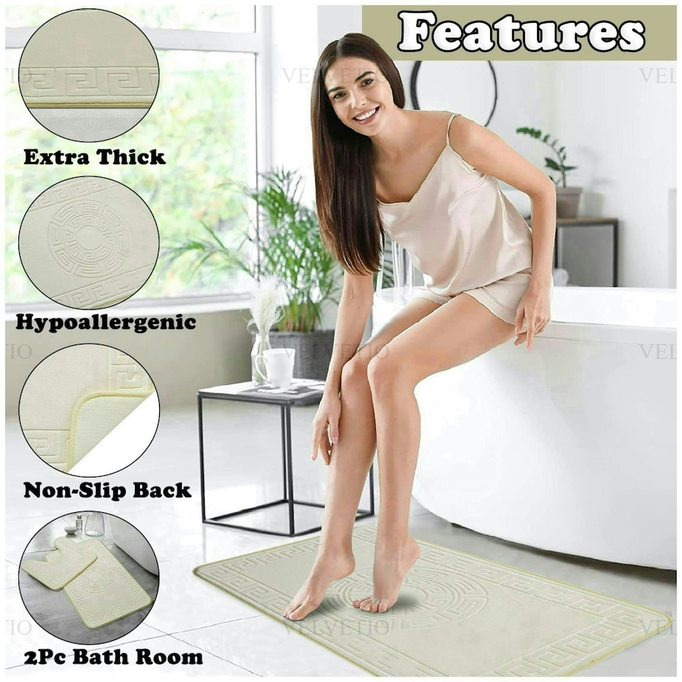 image 1 of VELVETIO Bath Mat Set Greek Pattern Anti Slip Memory Foam Toilet Rug Cream
