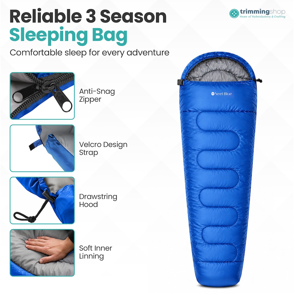 image 1 of 350GSM Mummy Waterproof Sleeping Bag with Hood, 6ft Adults - 3-4 Season