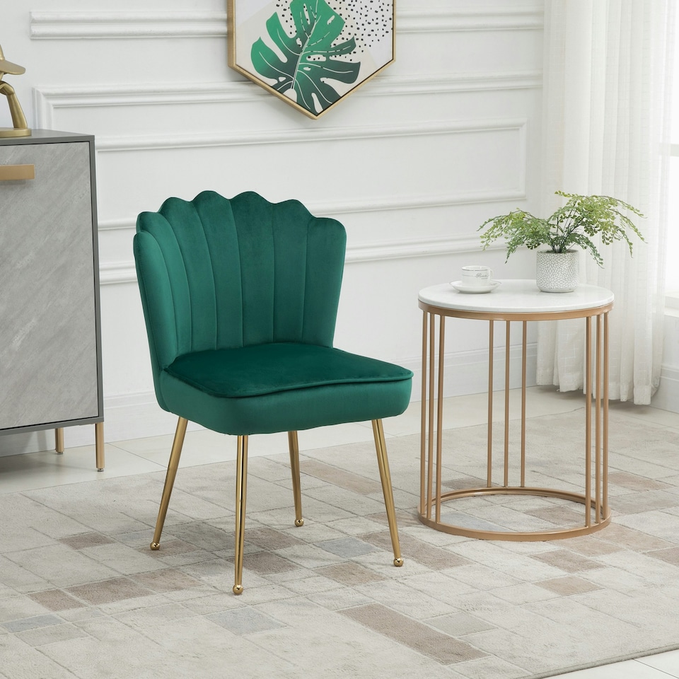image 1 of HOMCOM Velvet-Feel Shell Accent Chair Home Bedroom Lounge Metal Legs Green