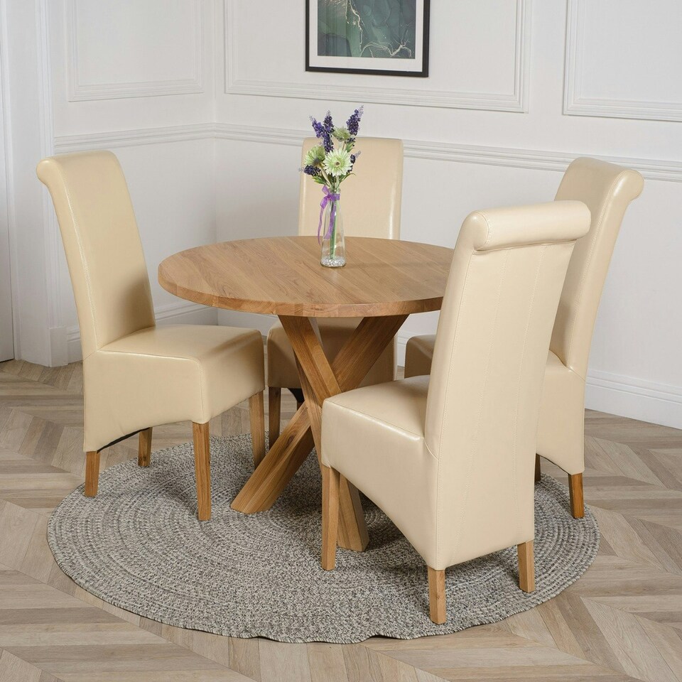 image 1 of Oregon Round Oak Dining Table with Montana Leather Chairs Cream
