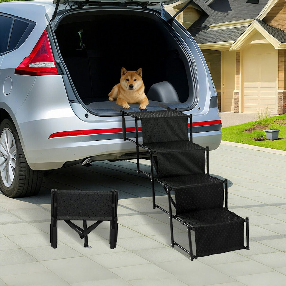image 1 of Skylos Pet Stairs Dog Ramp Foldable 4 Steps Height Adjustable Portable for Car