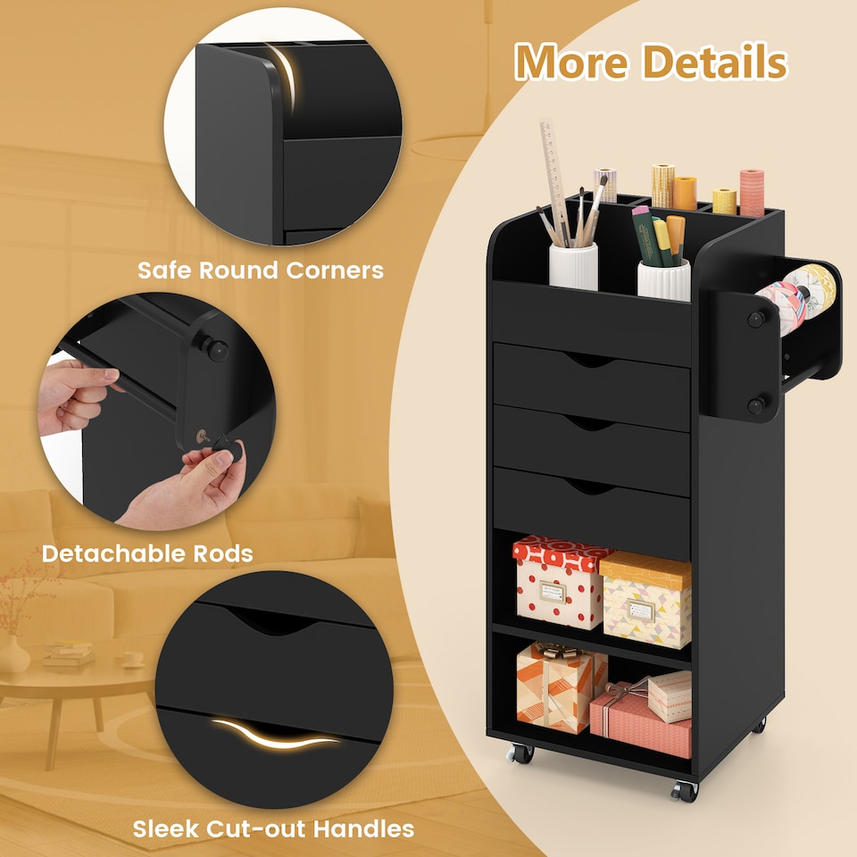 image 1 of COSTWAY Rolling Craft Storage Cart Utility Cart Black