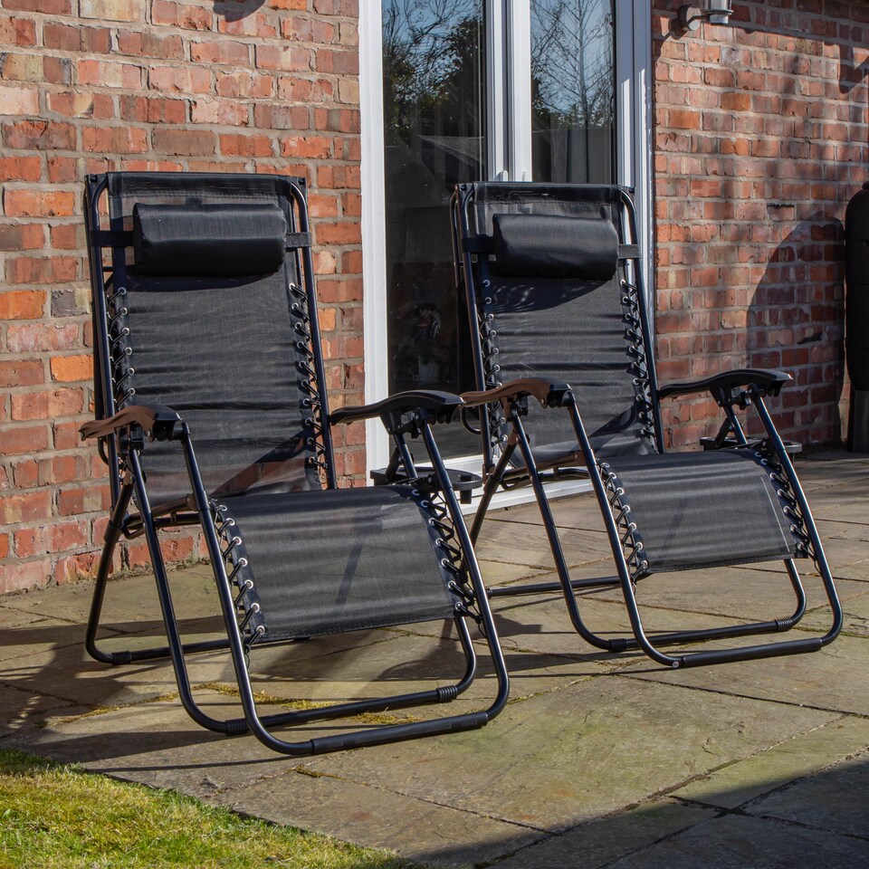 image 1 of Set of 2 Multi Position Garden Gravity Relaxer Chair Sun Lounger with Sun Canopy in Black | Black | Black