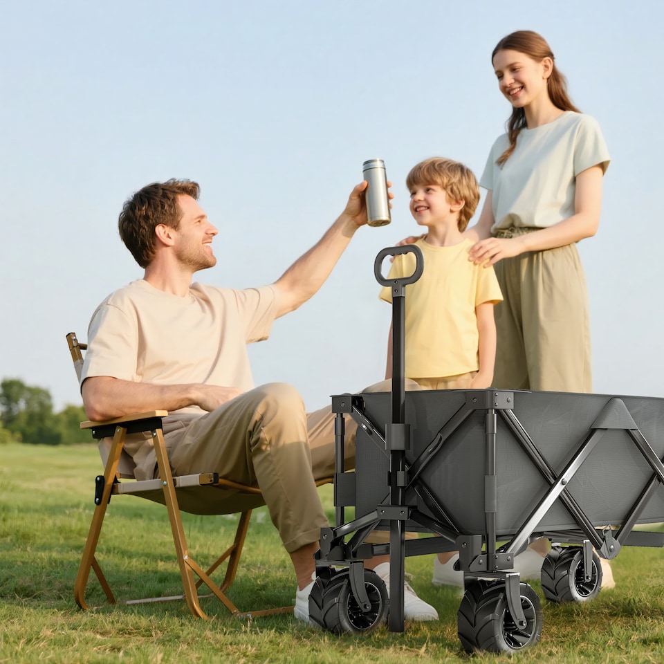 image 1 of Outsunny Outdoor Cart Folding Cargo Wagon Trailer Beach w Handle Dark Grey