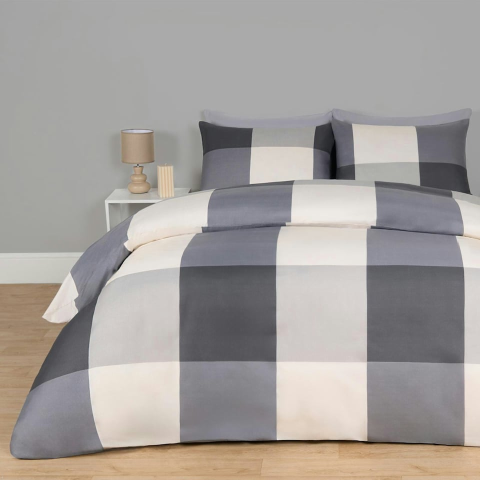 image 1 of OHS Gingham Check Reversible Duvet Cover and Pillowcase Bedding Set, Double - Grey