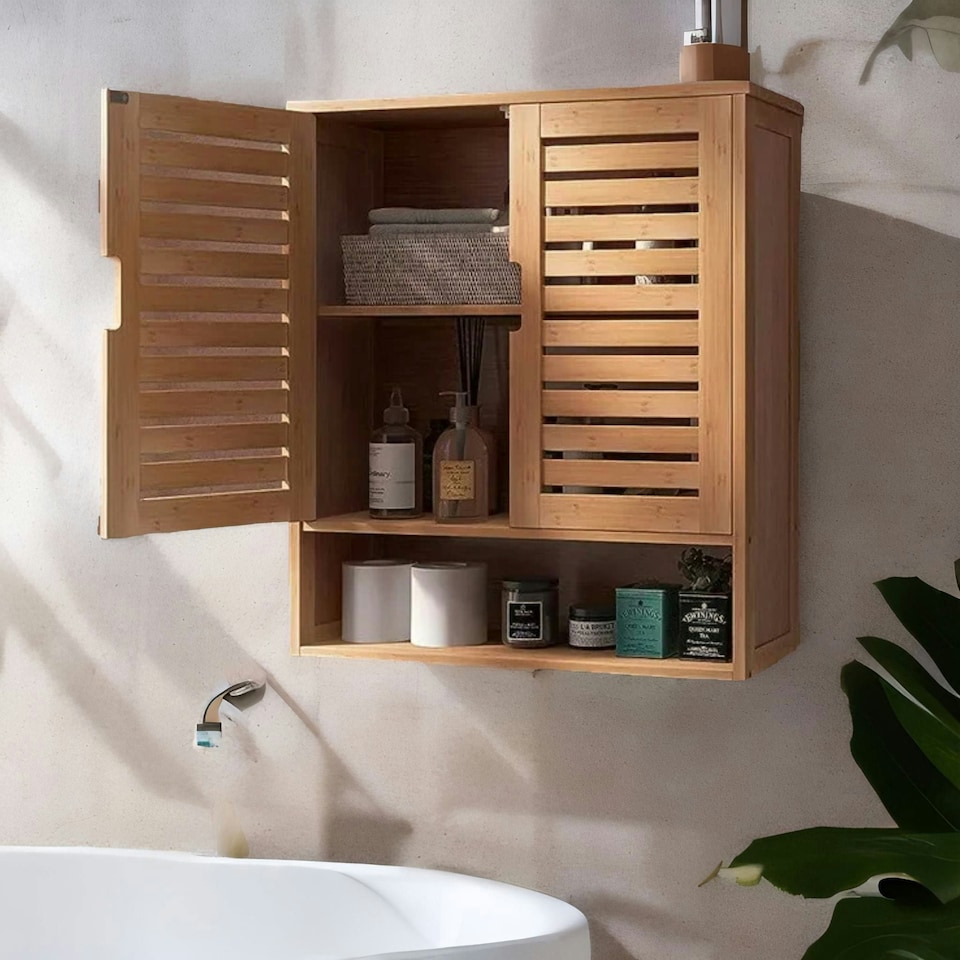 image 1 of Wooden Bathroom Wall Storage Cabinet Organiser Natural Brown Brown