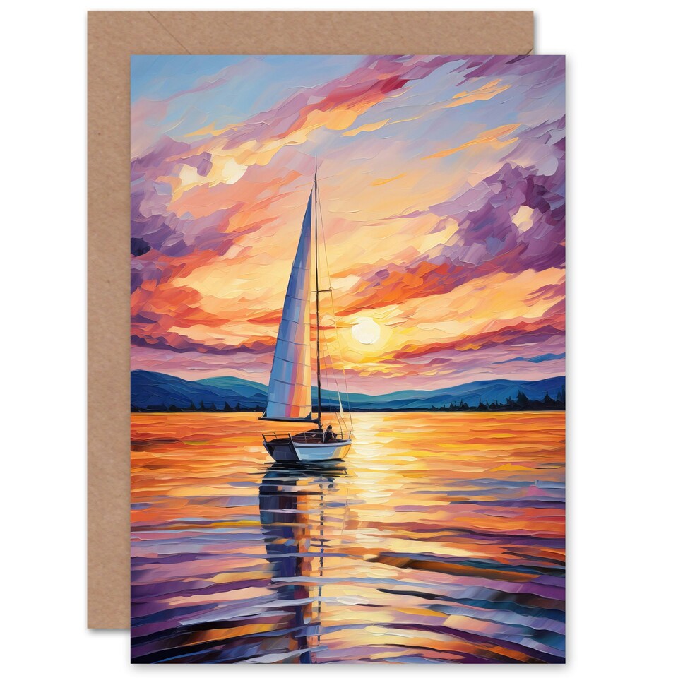 image 1 of Sunset Sailing Atmospheric Clouds Sea Sail Boat Seascape Greeting Card