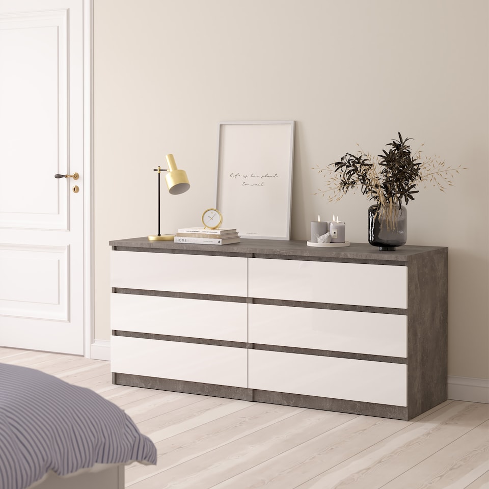 image 1 of Naia Wide Chest of 6 Drawers 6 in Concrete and White High Gloss
