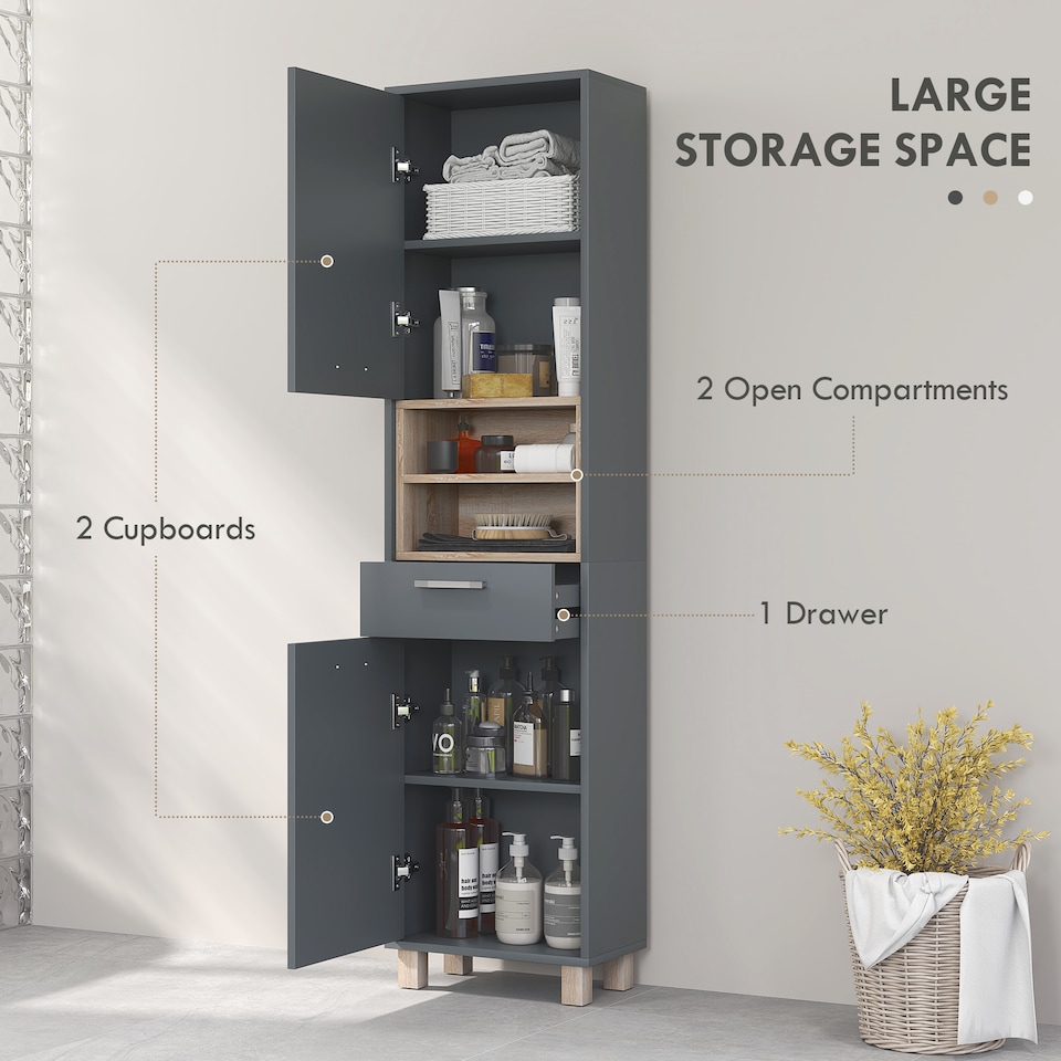 image 1 of HOMCOM Tall Bathroom Storage Cabinet, Bathroom Storage Unit, Freestanding Bathroom Cabinet with Open Shelves and Drawer | Grey | Grey