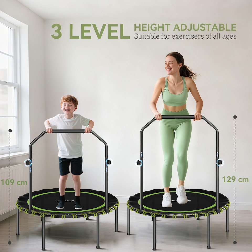 image 1 of SPORTNOW 40'' Foldable Fitness Trampoline, Mini Trampoline Bungee Rebounder with 5-Level Adjustable Handle for Adults Indoor Outdoor Exercise, Green | Green