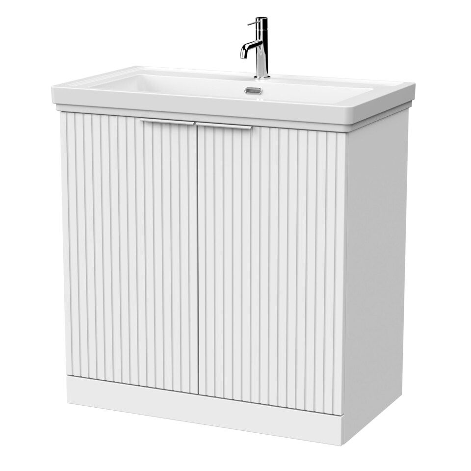 image 1 of Balterley Callingwood Contemporary Floor Standing 2 Door Vanity Unit with Traditional 1 Tap Hole Fireclay Basin , 800mm, Matt White