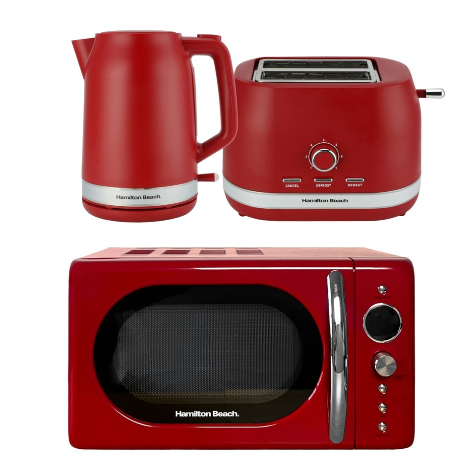 image 1 of Hamilton Beach Kettle, Toaster & Microwave Set, Ella, 1.7L Electric Kettle, Wide Slot Toaster 2 Slice, Microwave, 20L Retro, Kettle & Toaster Set, Red