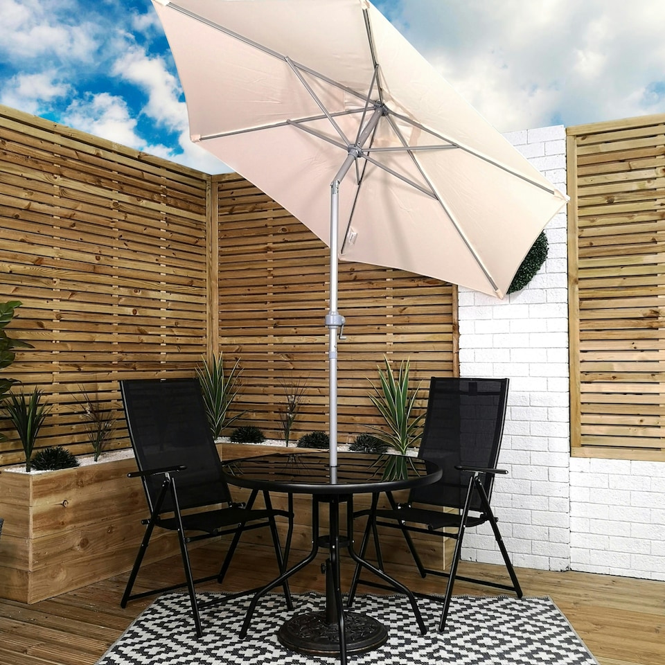 image 1 of Outdoor 2 Person Round Glass Top Garden Patio Dining Table Chairs Cream Parasol and Base Set