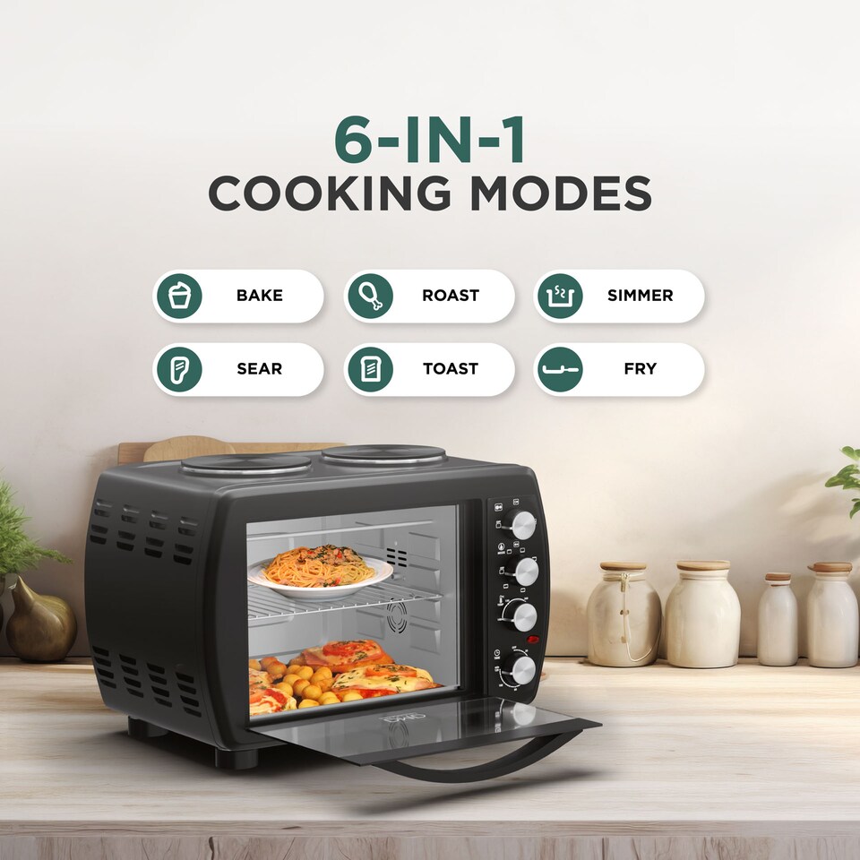 image 1 of DMD 35L Mini Oven with Dual Hot Plates, 100-250°C Temperature Control, 120min Timer, Wire Rack and Baking Tray