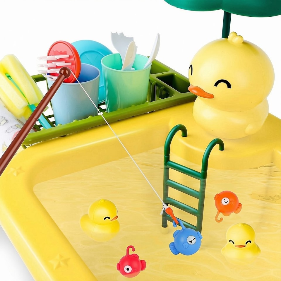 image 1 of Kids Kitchen Duck Sink Play Set - Pretend Play Washing Station with Running Water Faucet, Floating Accessories, Slide & Dishwashing Tools, Educational Role-Play Toy for Children Ages 3+