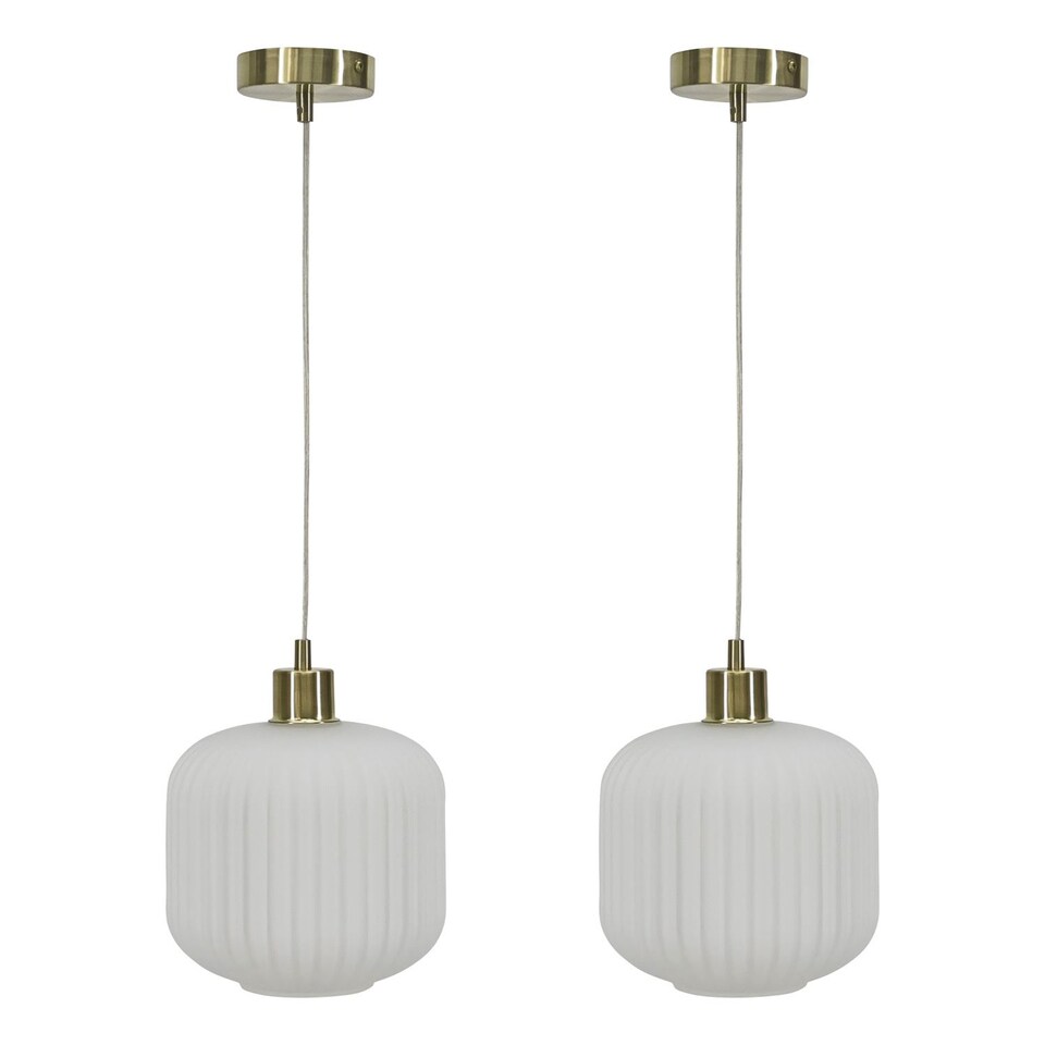 image 1 of Set of 2 Bento - White Ribbed Glass with Satin Brass Pendant Fittings | Gold | White | 2