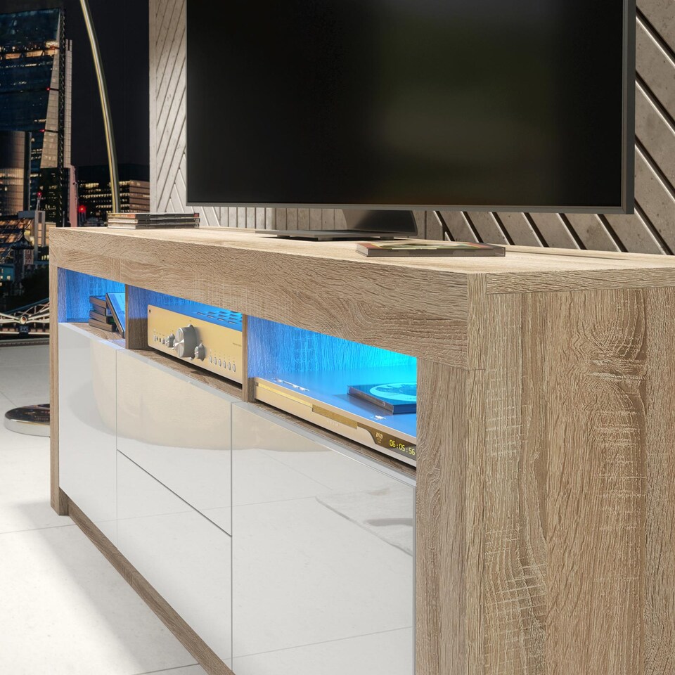 image 1 of TV Unit TV Stand Cabinet Sideboard Oak White High Gloss Doors Free LED 160cm