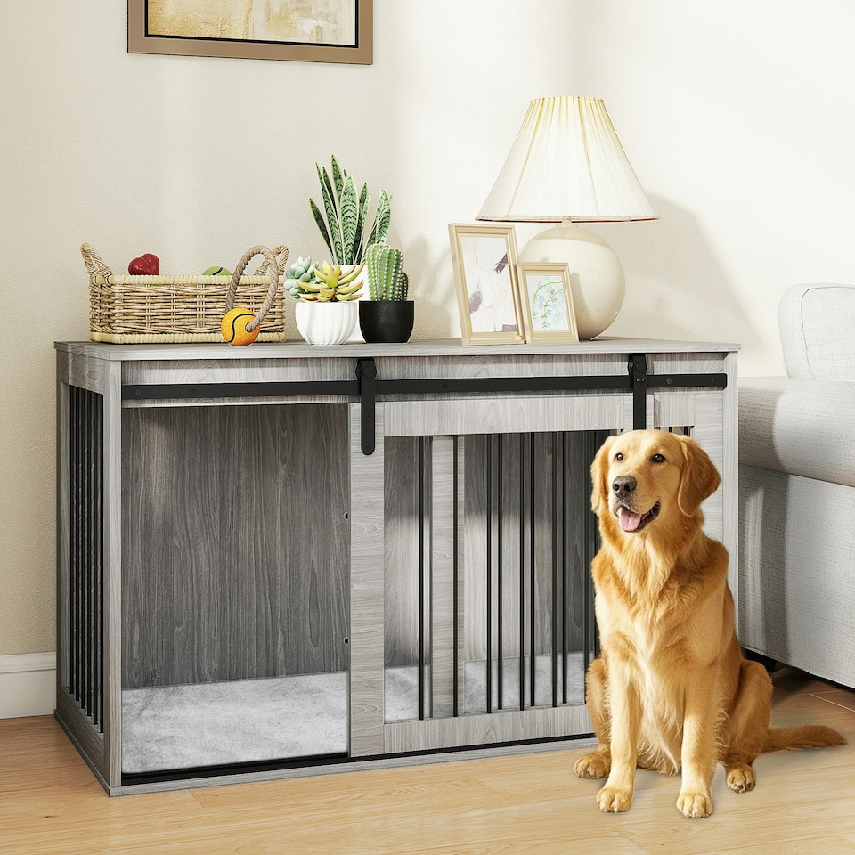image 1 of PawHut Dog Crate Furniture with Removable Cushion for XL-sized Dogs - Grey