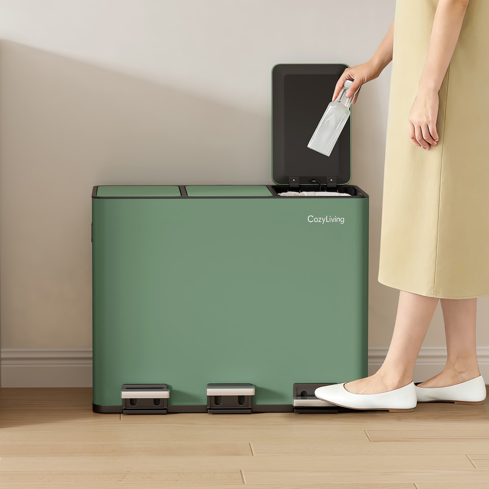 image 1 of CozyLiving 45L Triple Pedal Bin for Recycling and General Waste Rubbish Kitchen Bin 3x 15L