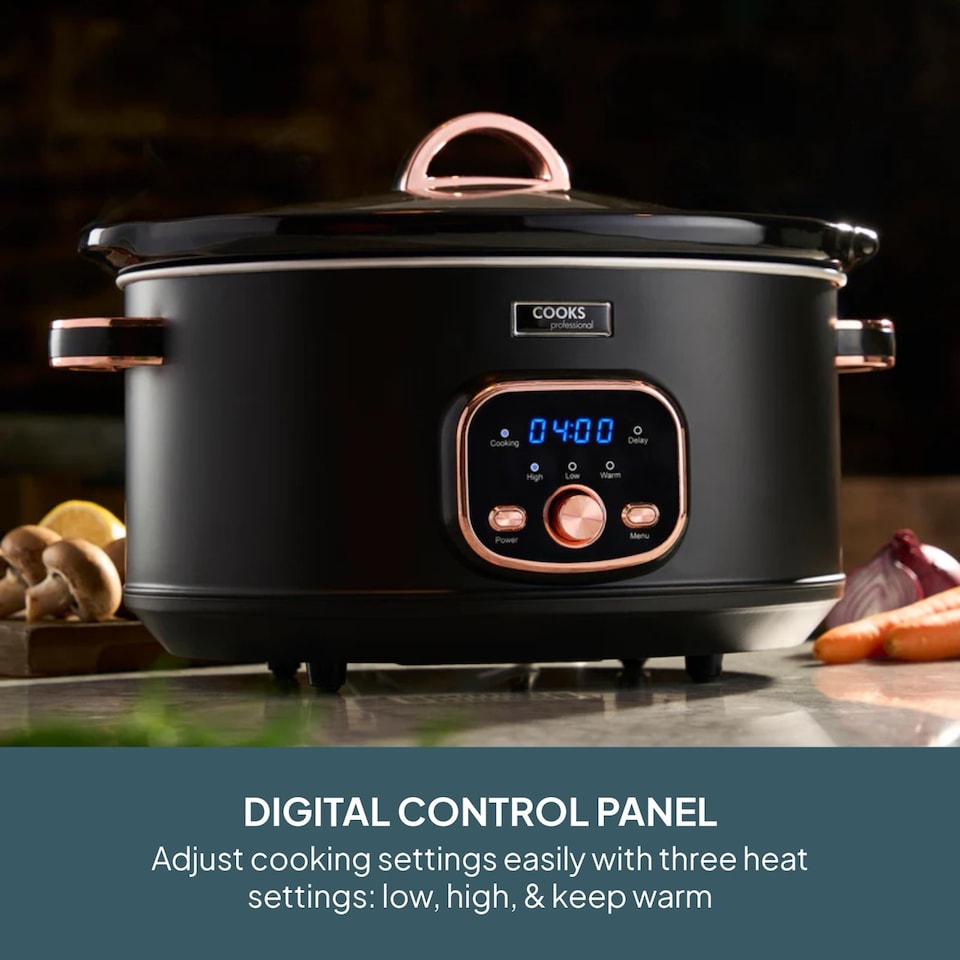 image 1 of Cooks Professional 6.5L Digital Slow Cooker with Lid, Removable Bowl & 3 Heat Settings | Black | Black & Copper