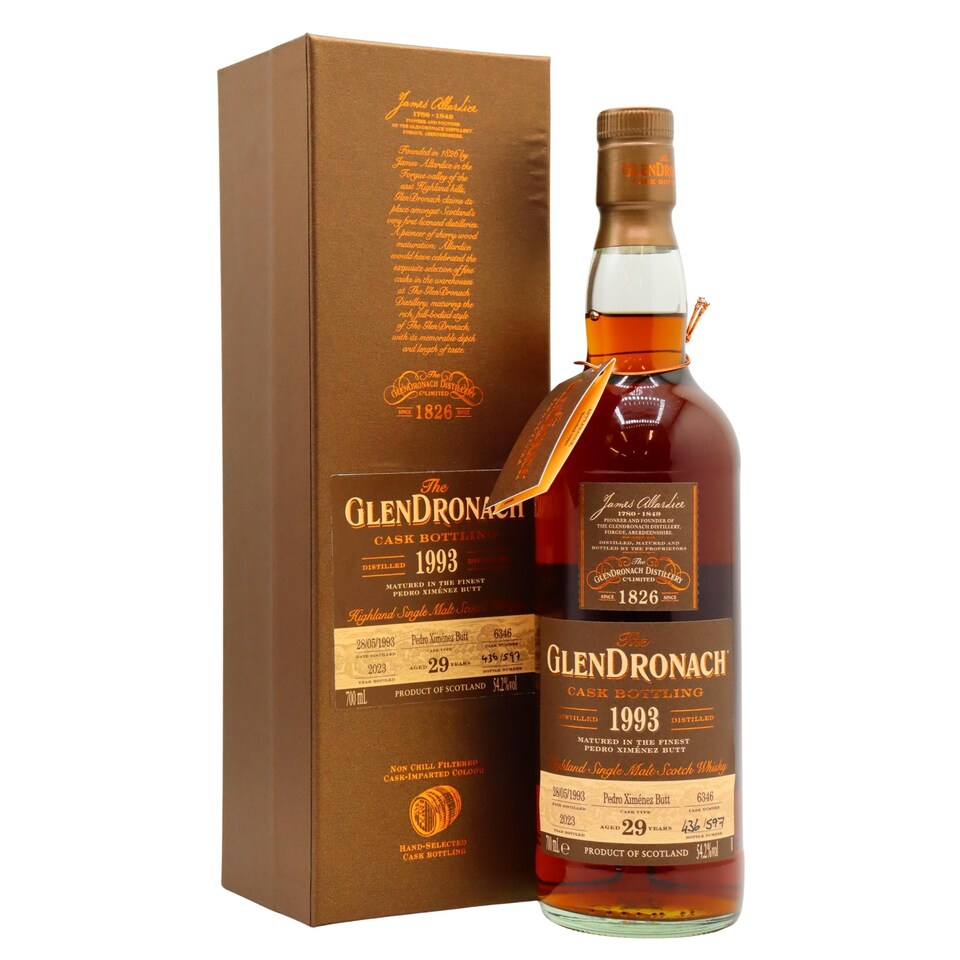 Glendronach - Single Cask #6346 1993 29 year old Whisky | Multi | burnished copper | Chocolate-covered nuts, spiced jam, forest fruits | 6