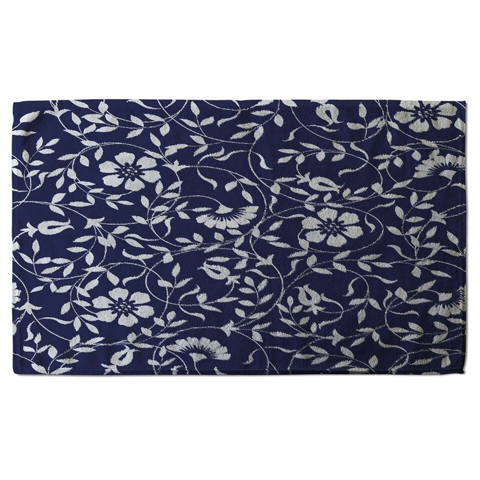 image 1 of White Flowers on Navy (Kitchen Towel)