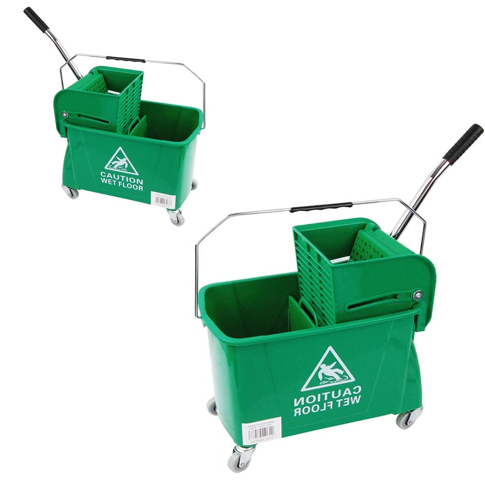 image 1 of 2 x Green Wet Floor 20 Litre Strong Durable Kentucky Dual Bucket & Wringer Floor Cleaning System With Wheels & Handle