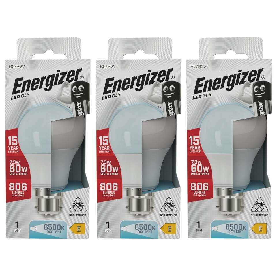 image 1 of Energizer LED GLS B22 806lm 7.3W 6500K (Daylight) Light Bulb - Pack of 3