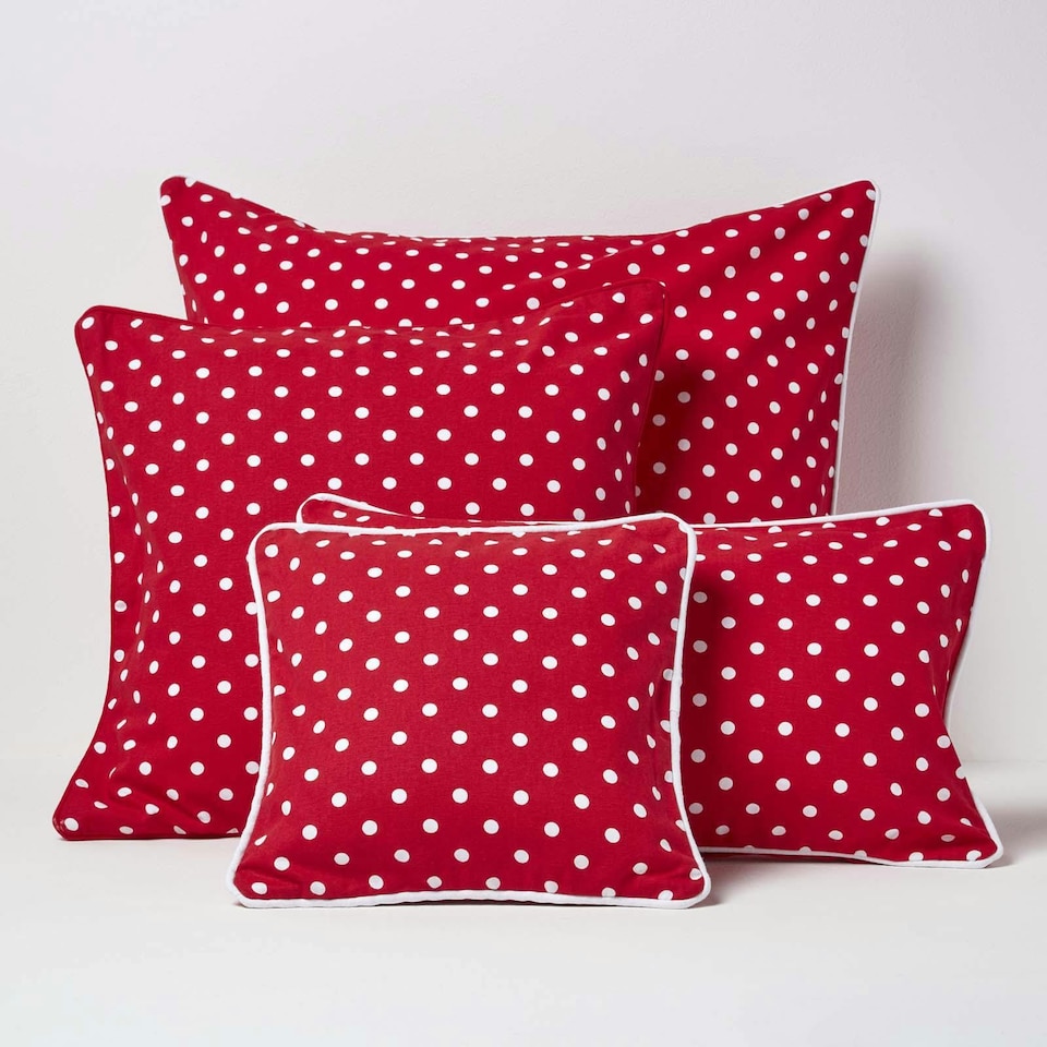 image 1 of Homescapes Cotton Red Polka Dots Cushion Cover - 45 x 45 cm | Red | Red | 45 x 45 cm