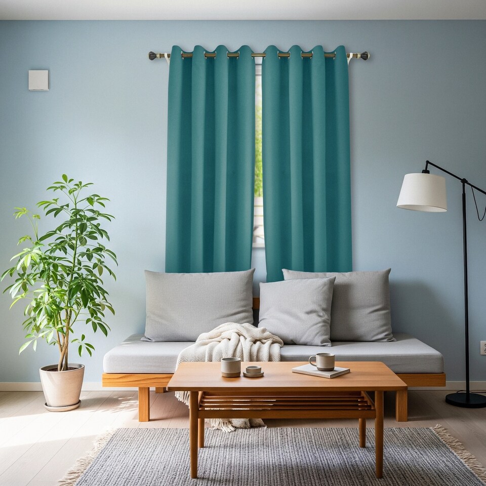 image 1 of Teal Linen Fabric Blackout Eyelet Curtains - 46x54 Inch Drop - 2 Panel | Blue | One Size