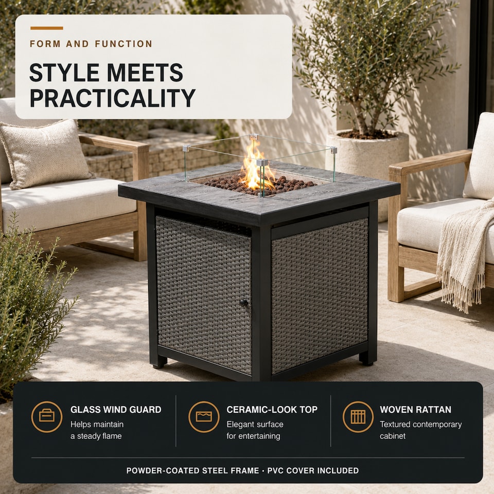 image 1 of Teamson 86cm Propane Gas Fire Pit Table with Rattan Base, 40,000 BTU