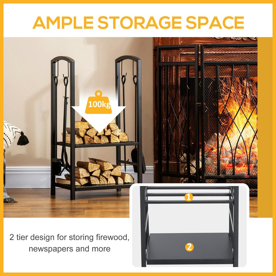 image 1 of Outsunny Firewood Rack Log Holder Wood Storage with Hooks 4 Tools Black
