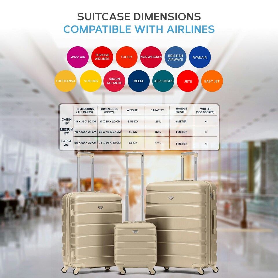 image 1 of Flight Knight Suitcase Sets 3 Piece, Large Suitcase, Extra Large Suitcase, easyJet Cabin Bag 45x36x20cm Underseat Carry On, 100+ Airlines Approved - BA, Ryanair | Cream | Champagne | Large