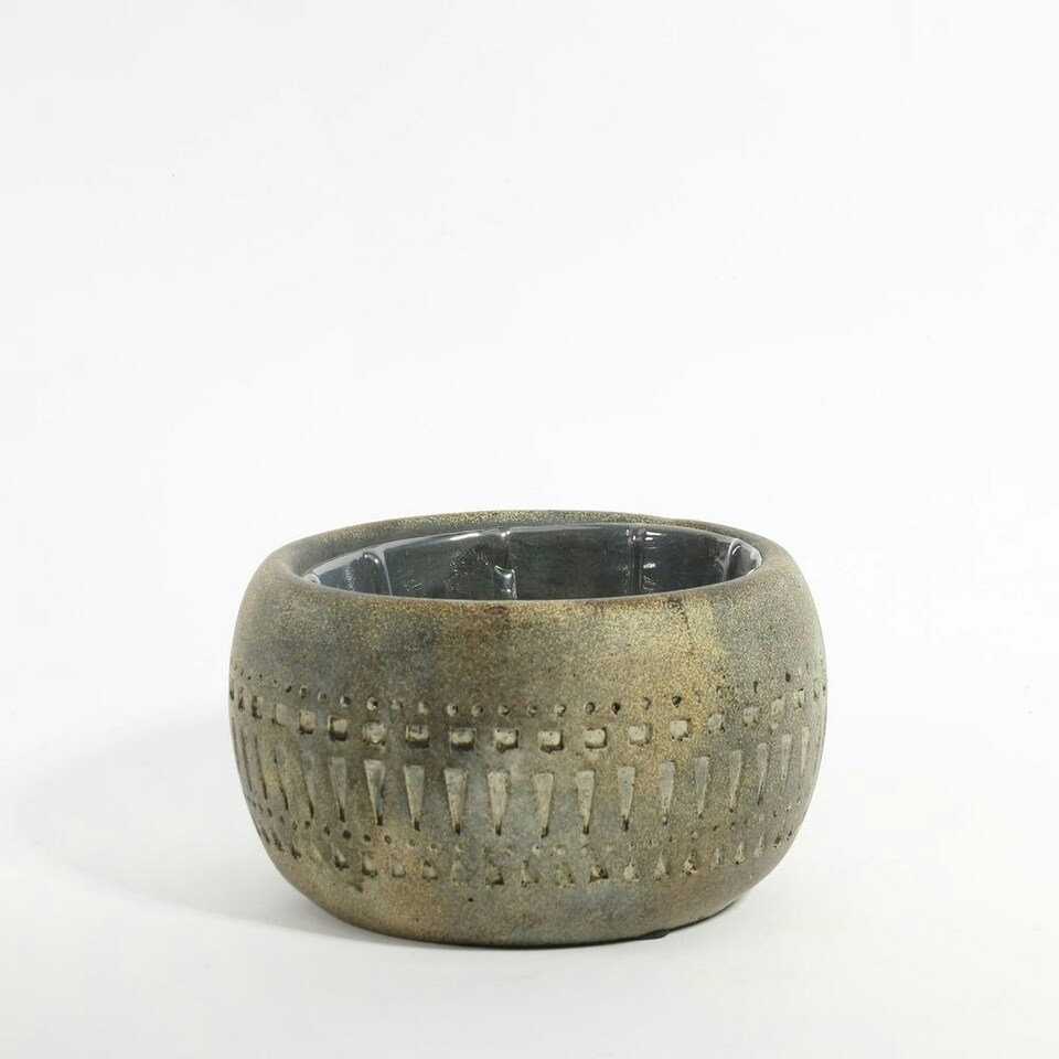 image 1 of Cement Tribal Inspired Pattern Indoor Plant Pot Bowl - H9.5cm x W16cm