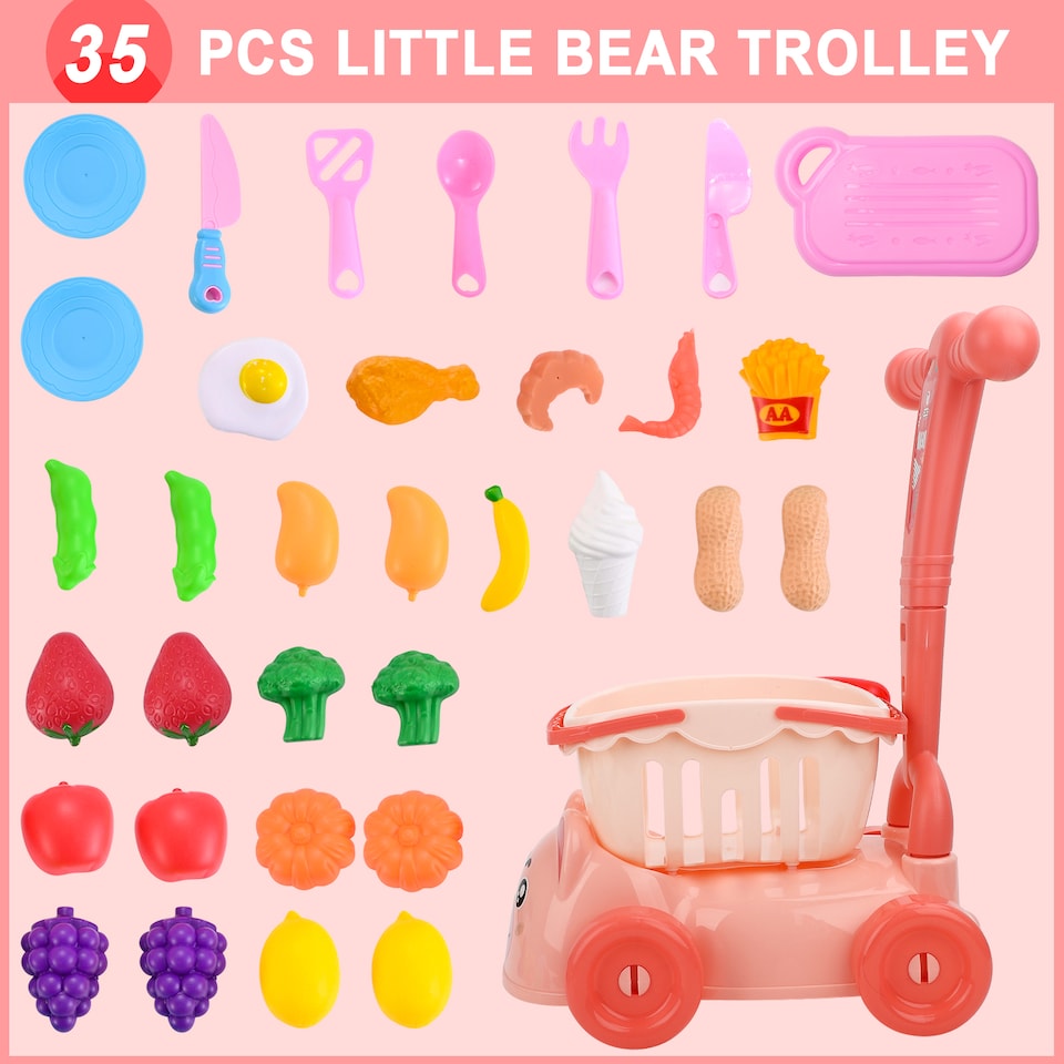 image 1 of Little Bear Trolley Toy Set with 35 Colourful Food and Kitchen Accessories