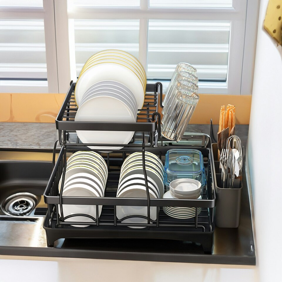 image 1 of Living and Home Steel Dish Rack with Utensil and Glass Holder - Black