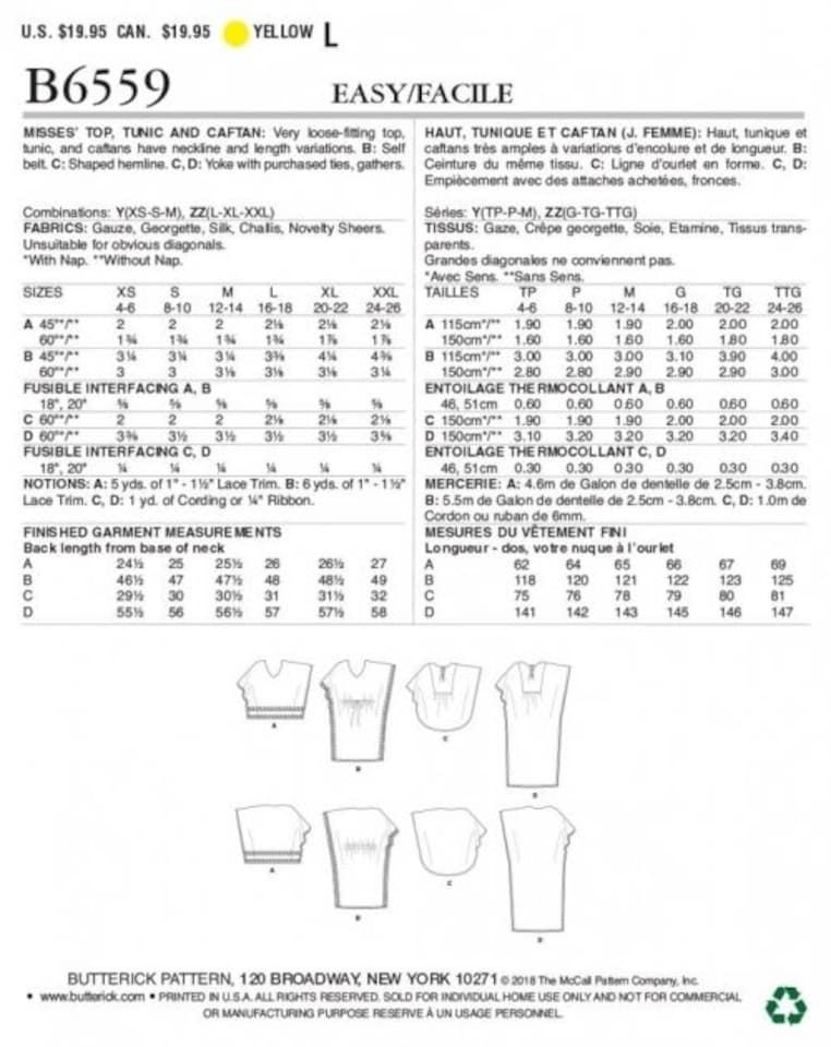 image 1 of Butterick 6559 Paper Sewing Pattern – Women’s Tops, Tunics & Caftans, Sizes Zz (L–XL–XXL), Easy