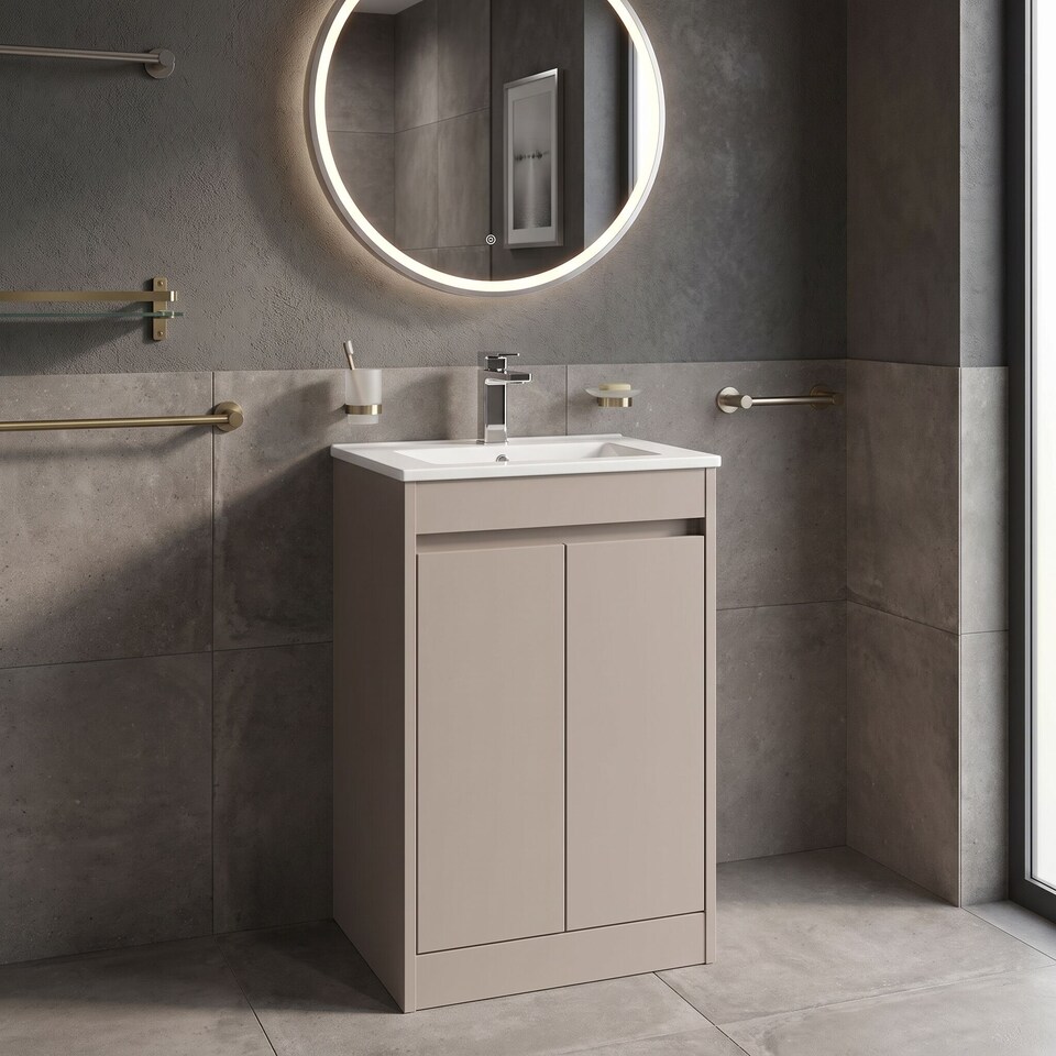 image 1 of Balterley Chartley Contemporary Floor Standing 2 Door Vanity Basin Unit, Minimalist Basin, 500mm, Taupe