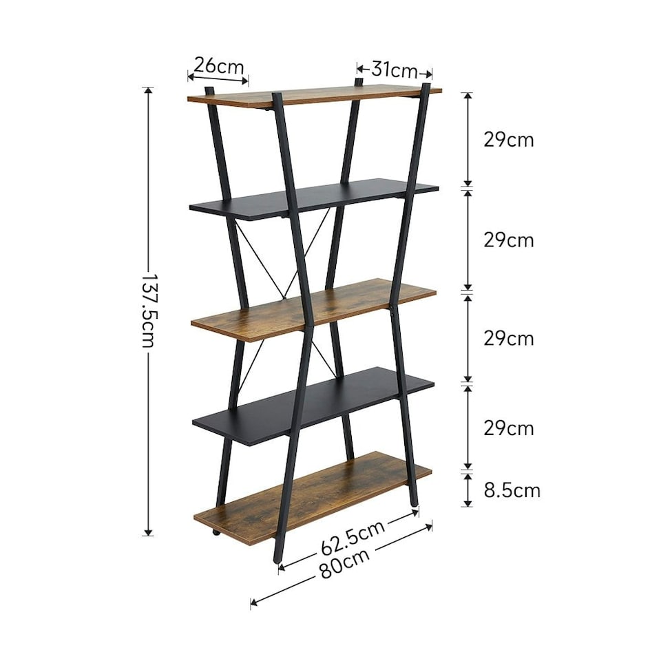 image 1 of Living and Home Direct Industrial 5-Tier Open Bookshelf