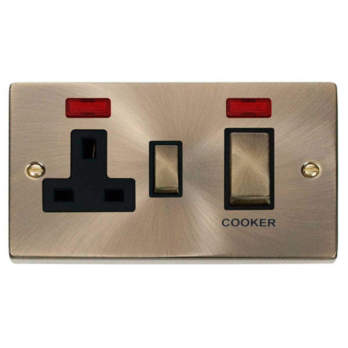 SE HOME Antique Brass Cooker Control Ingot 45A With 13A Switched Plug Socket & 2 Neons Brown Antique Brass