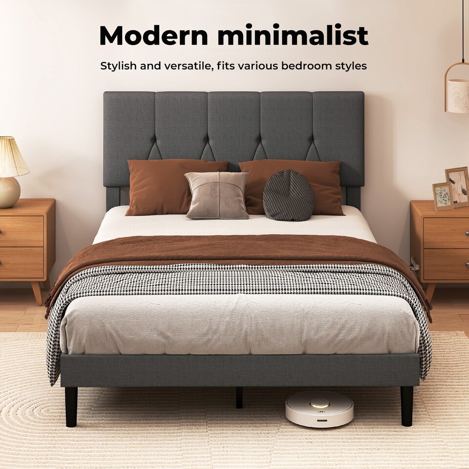 image 1 of Levede Double Bed Frame Upholstered Linen Fabric Wooden Slats with Headboard | Grey | Double | Double