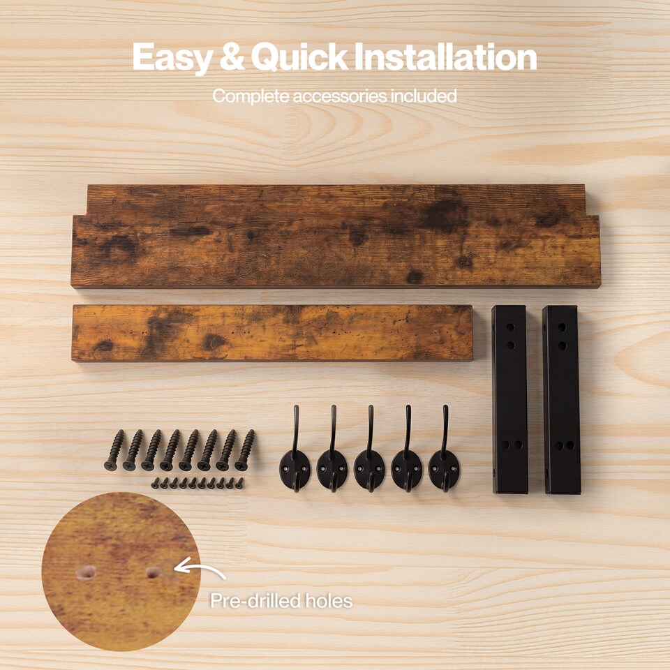 image 1 of Levede Coat Rack Wall Mounted Wooden Hooks Hangers Storage Shelf 2 Pack Brown