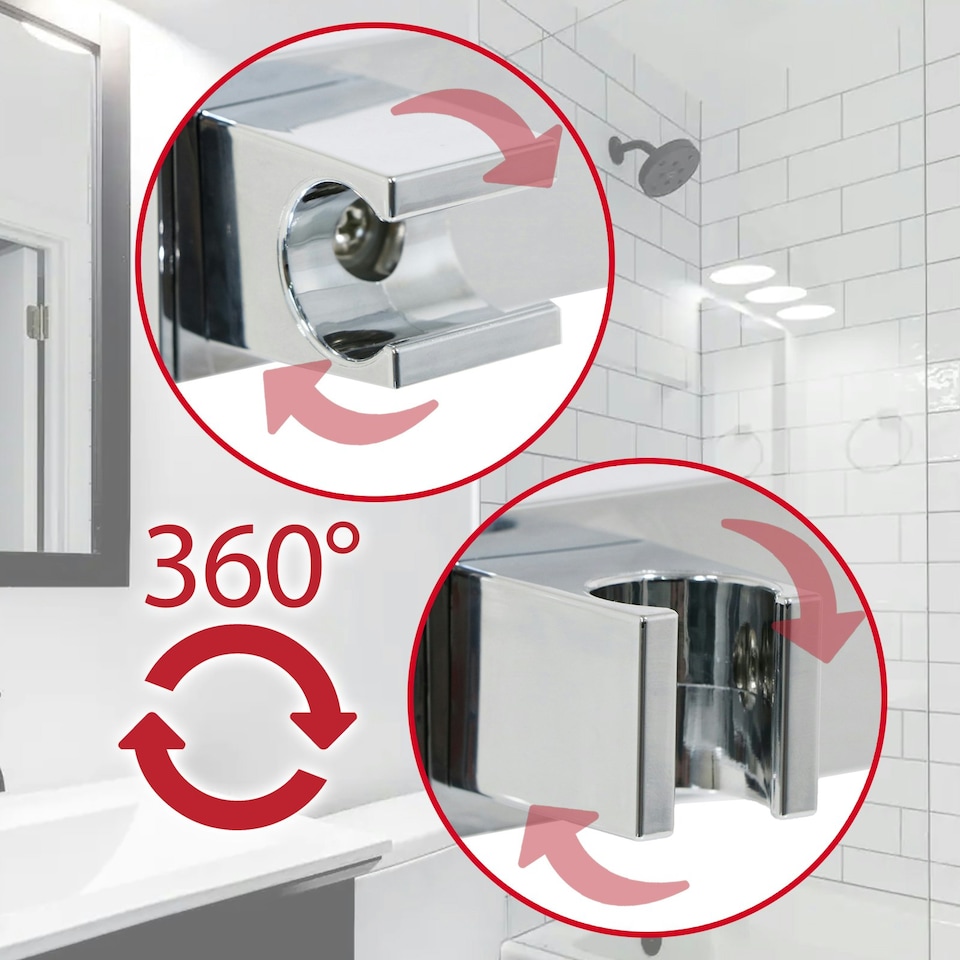 image 1 of SPARES2GO Shower Head Wall Clamp Adjustable Square Angled Chrome Bracket Handset Holder Silver