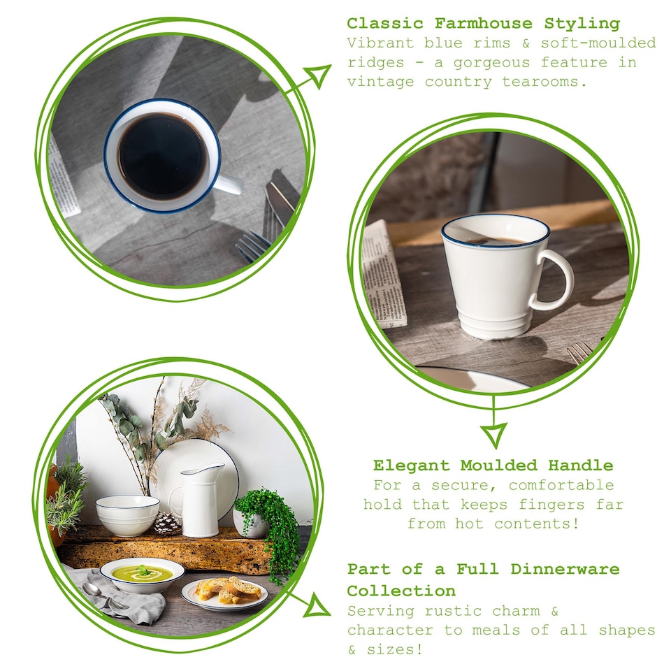 image 1 of Nicola Spring 380ml Farmhouse Mugs - Set of 6 Porcelain Tea & Coffee Cup Rustic Cottage Drinkware with Rolled Rim & Comfort Handle | White | White/Blue Rim | 12.5 x 10 x 9.5 CM | 6