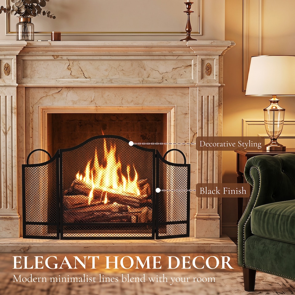 image 1 of HOMCOM Floral 3-Panel Folding Fireplace Screen for Protection, Black
