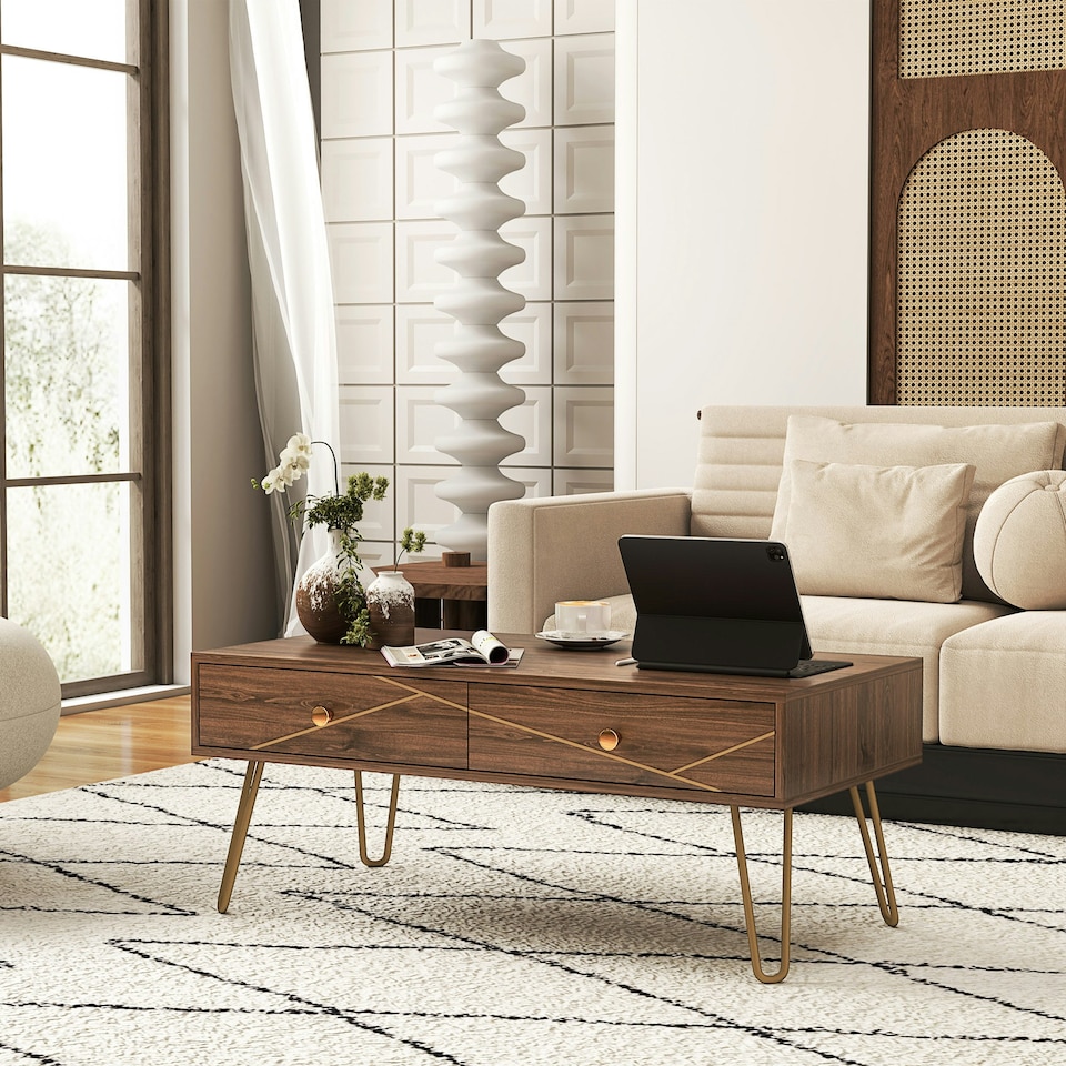 image 1 of HOMCOM Coffee Table with Drawers, Living Room Table with Steel Base Brown