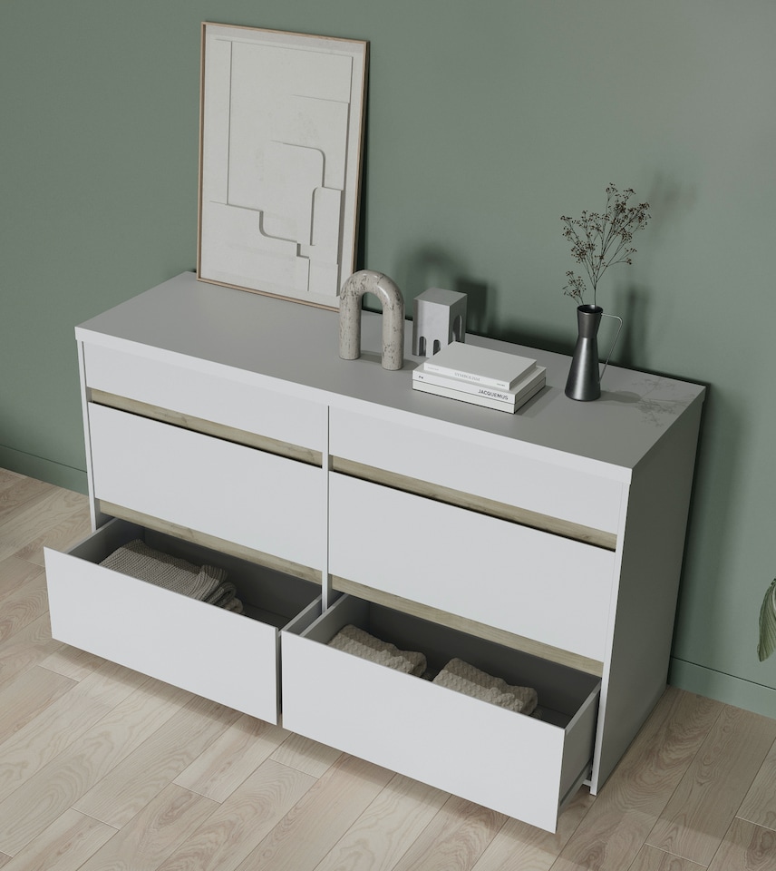 image 1 of FURNICOMP Avery 6 Drawer (3+3) Matt White and Oak Wide Chest of Drawers