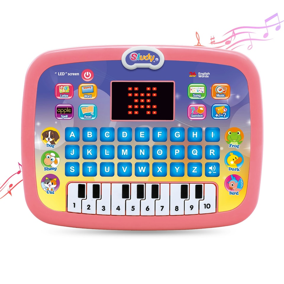 image 1 of Toddler Learning Tablet – Multi-Function Educational Musical Touch Pad with LED Screen, Piano, Animal Sounds, Numbers, Letters, and Quiz Modes for Kids (Pink)